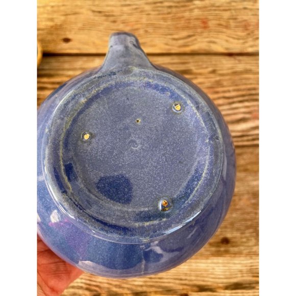 Antique 1930s Blue Glaze stoneware pottery Small Teapot Cherry Leaves - Picture 3 of 13